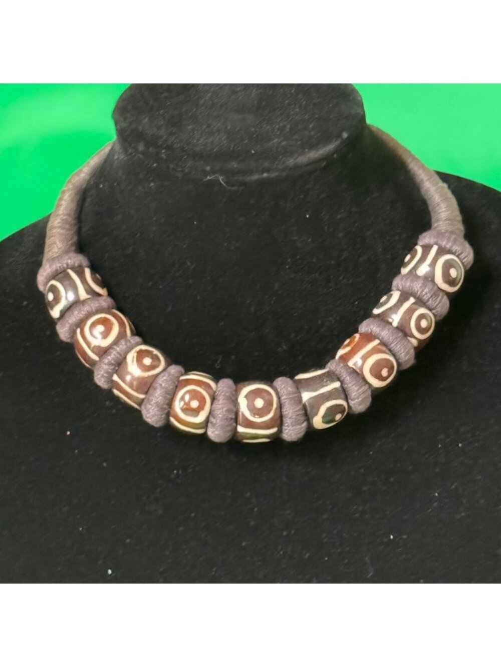 Vintage Handcrafted Tribal Brown White Beaded Necklace With Wrapped Cord Design